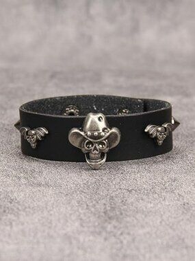 NEW Punk Leather Wristband Bracelet Handmade Wide Cuff Skull w Cowboy Hat